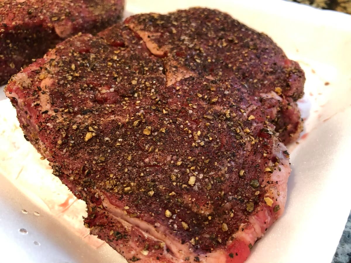 SuckleBusters Espresso Coffee BBQ Rub on ribeye steak.