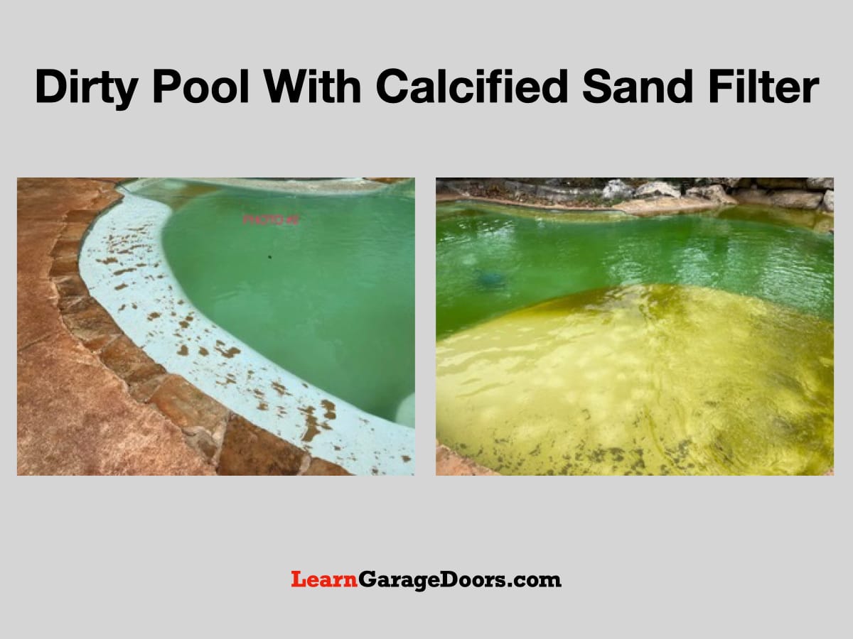 Dirty pool overrun with mustard algae due to a calcified pool filter.