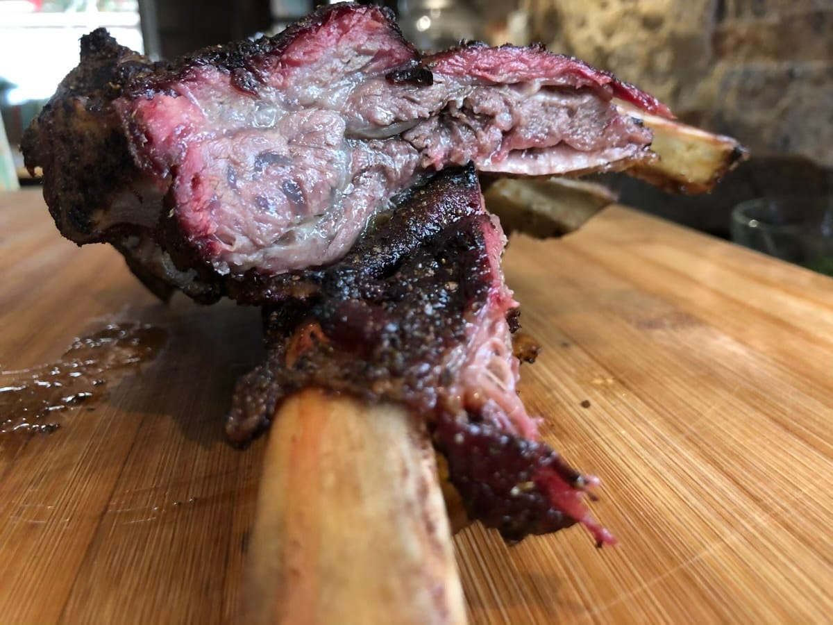 Beautiful smoke ring on moist, tender beef finger ribs smoked on Pit Barrel Cooker.