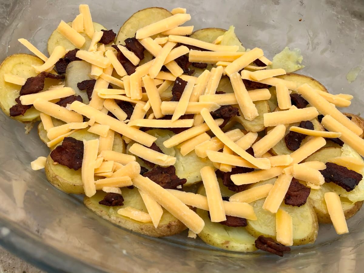 First layer of Irish Nachos with potato’s, bacon, and cheese