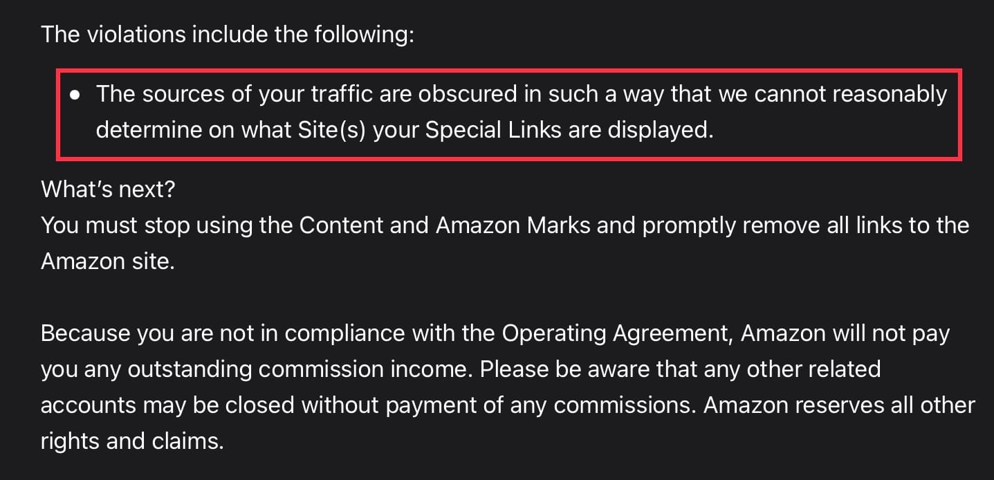 Stated violation the Amazon Associates program sent in an email.