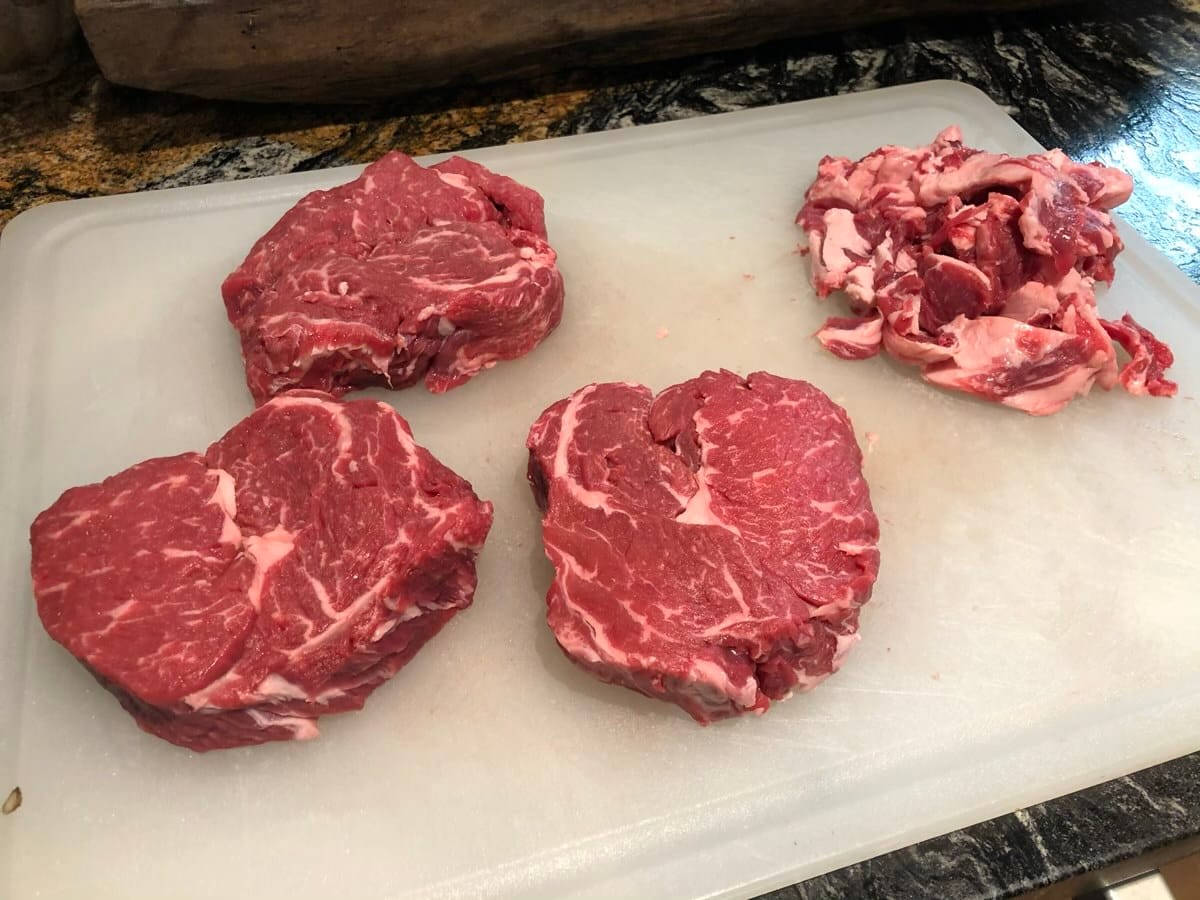 Trimmed up three ribeye steaks. Two steaks will have the Espresso Coffee Rub while the third will have 1836 Beef Rub.