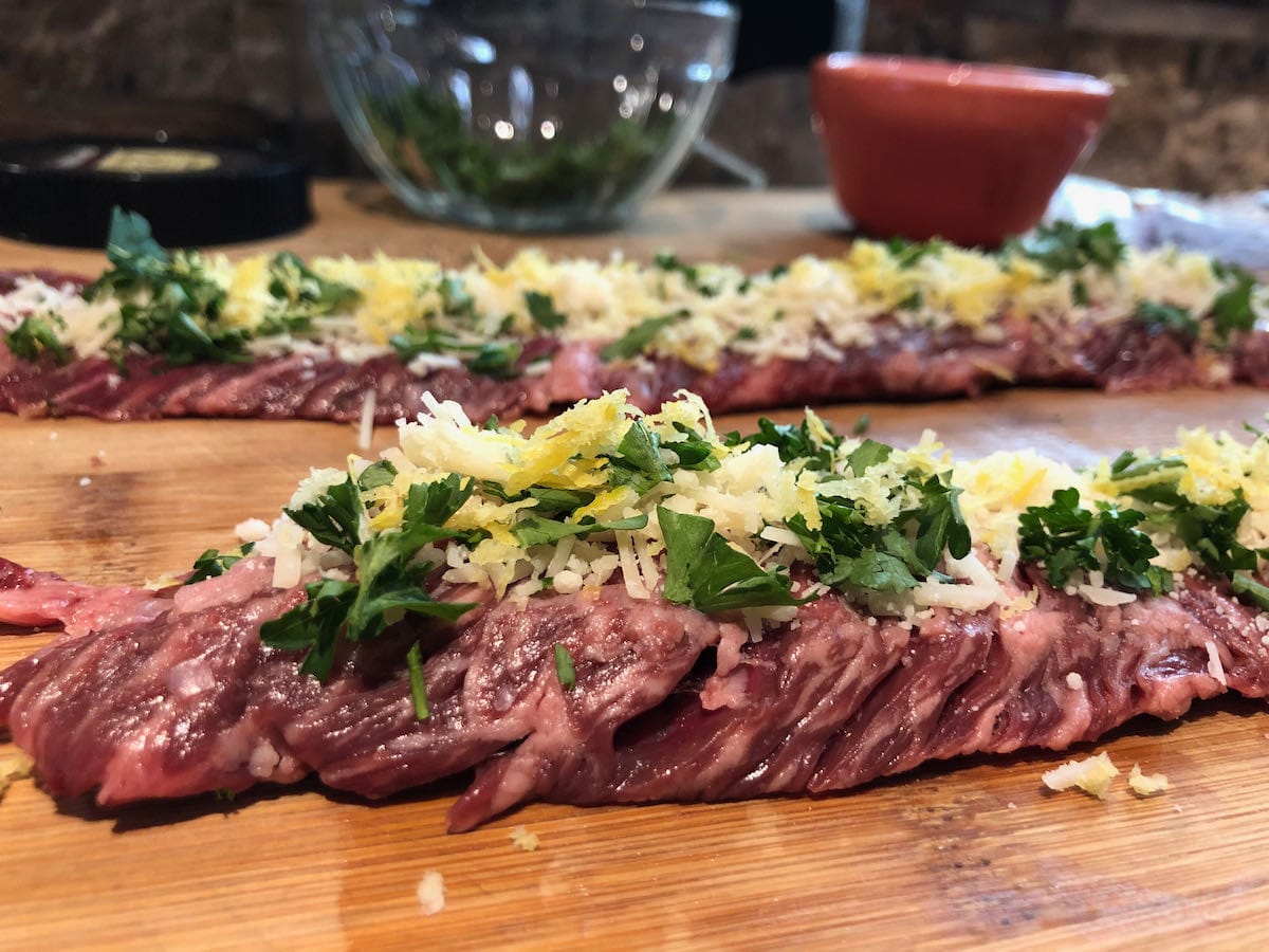 Outside skirt steak with parsley, lemon zest, and Parmigiano Reggiano cheese