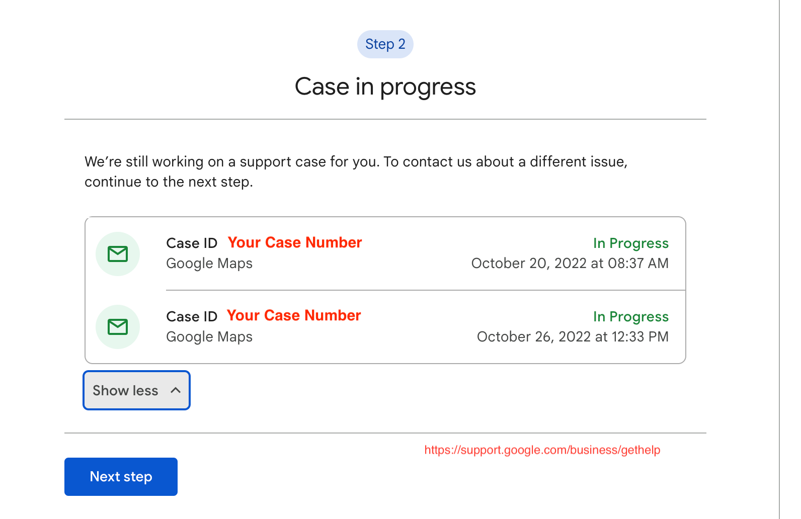 We had two case numbers because we submitted multiple request forms. It's best to only submit one form and wait until your case is "In Progress".