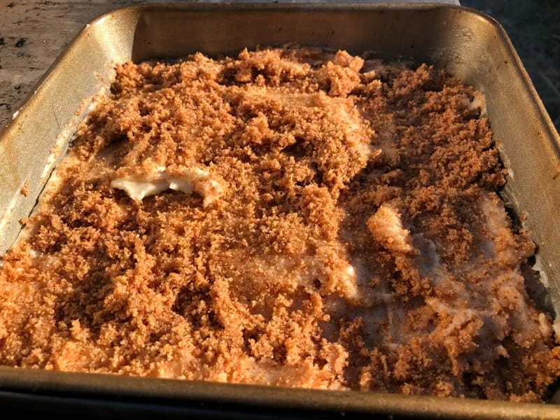 Prepared cinnamon crumb cake about to go on MAK 2 Star pellet grill.