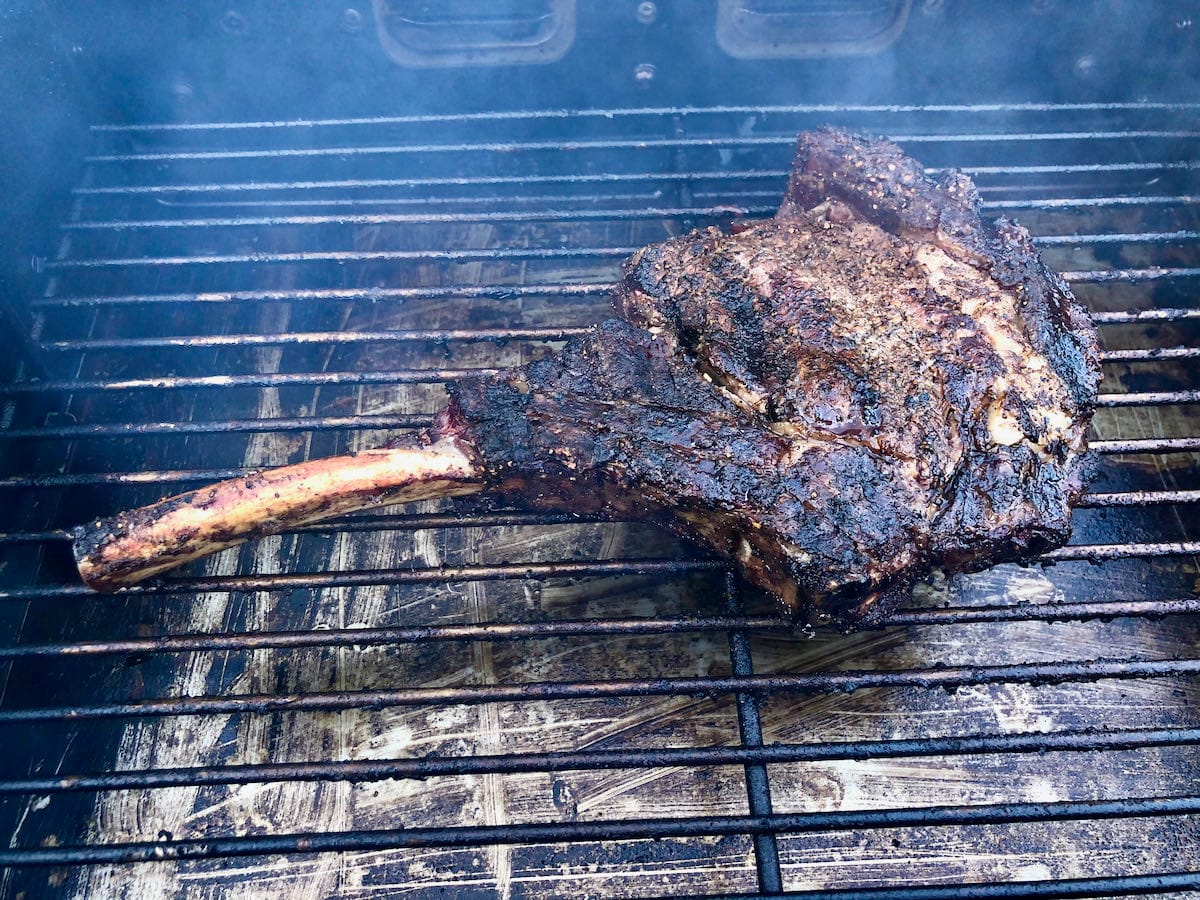 Tomahawk ribeye coming up to temperature in the MAK 2 Star side smoker.