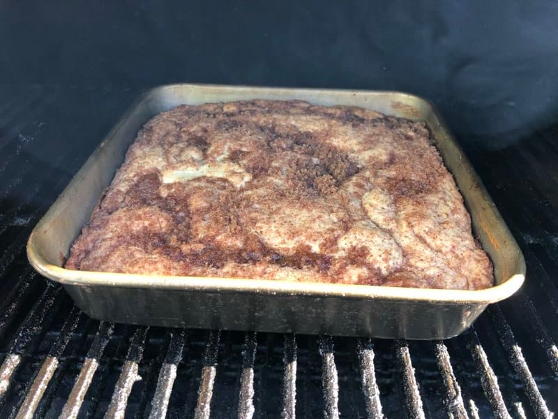 Cinnamon crumb cake cooked on MAK 2 Star pellet grill @ 350F for 45min.