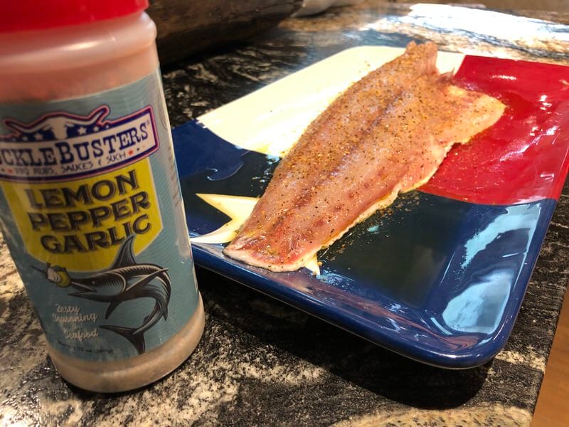 SuckleBusters Lemon Pepper Garclic seasoning on Redfish Filet