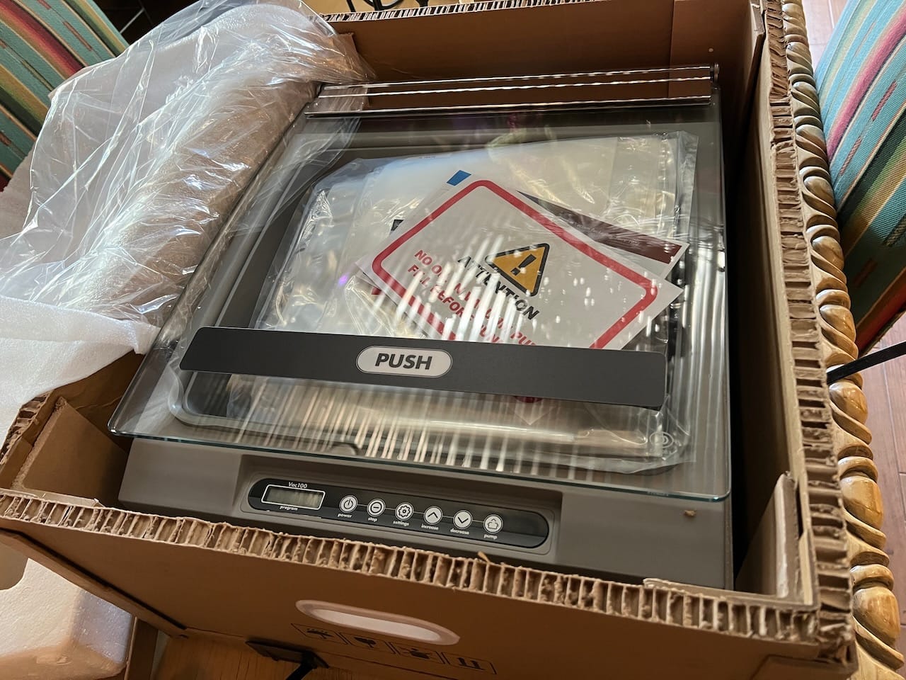 Heavy duty cardboard box used to ship the JVR Vac100 Chamber Vacuum Sealer.