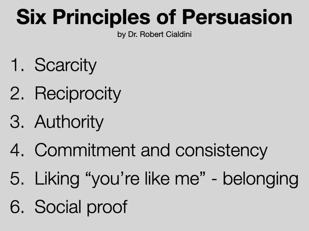 Psychology of Persuasion used in marketing today. Credited to Dr. Robert Cialdini.
