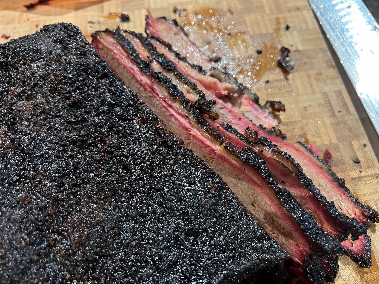 Smoke ring on brisket cooked on Mill Scale 94 offset smoker.