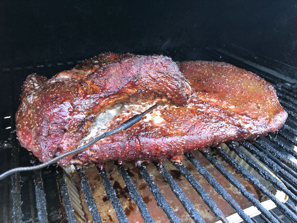 Piedmontese brisket on MAK 2 Star pellet grill starting to get some good color.