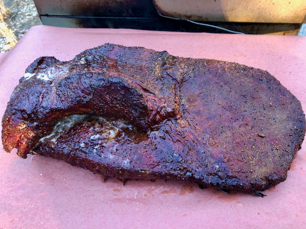 Piedmontese brisket smoked about 6-7 hours before reaching around 170F internal