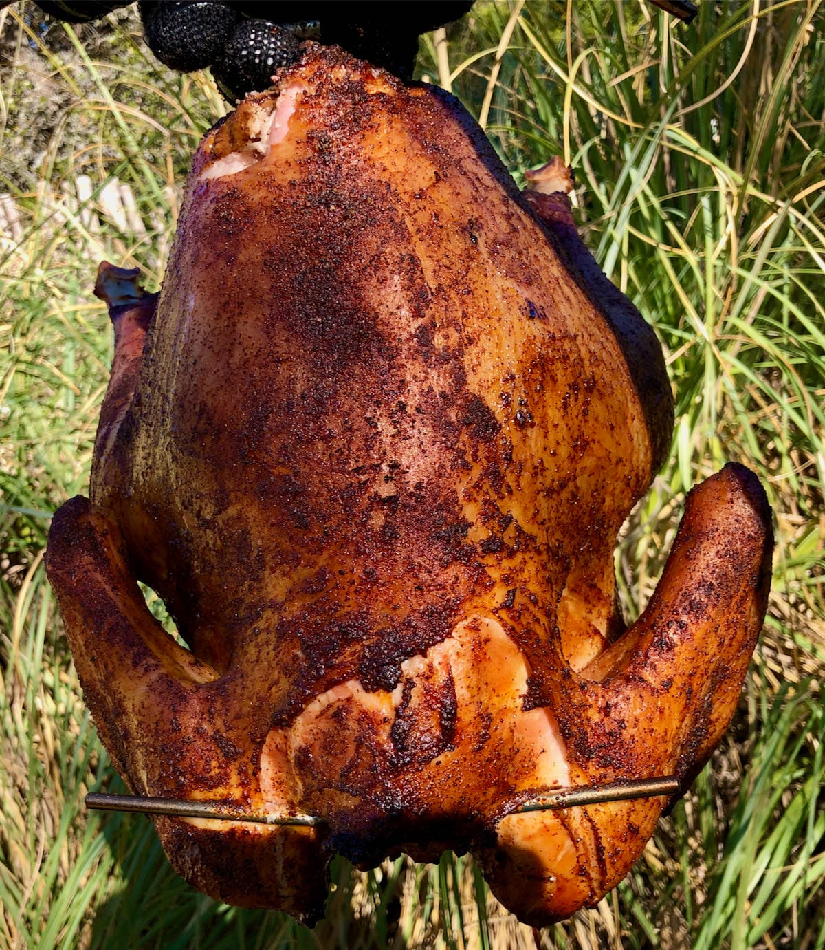 The turkey got some amazing color with the Pit Barrel Cooker and their All-purpose Seasoning.