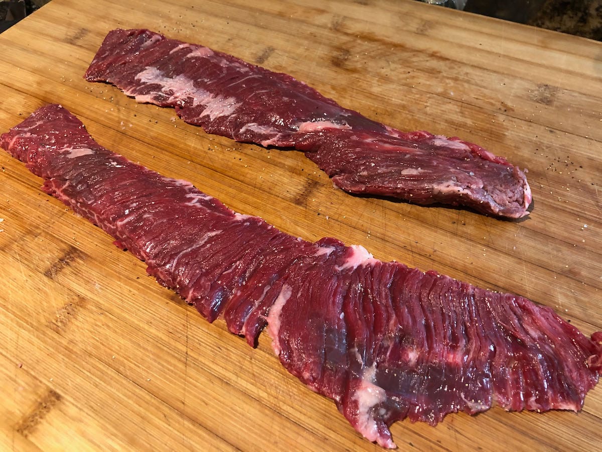 Wagyu outside skirt steak trimmed up and ready for seasoning.