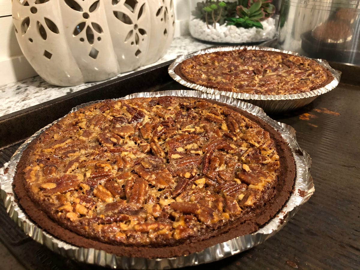 Smoked pecan pies in a chocolate crust cooked to perfection on the MAK 2 Star pellet grill.