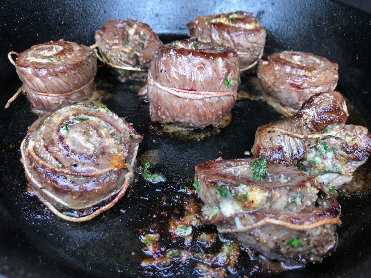 Pinwheels are starting to brown up nice in the skillet and building a crust on the ends.