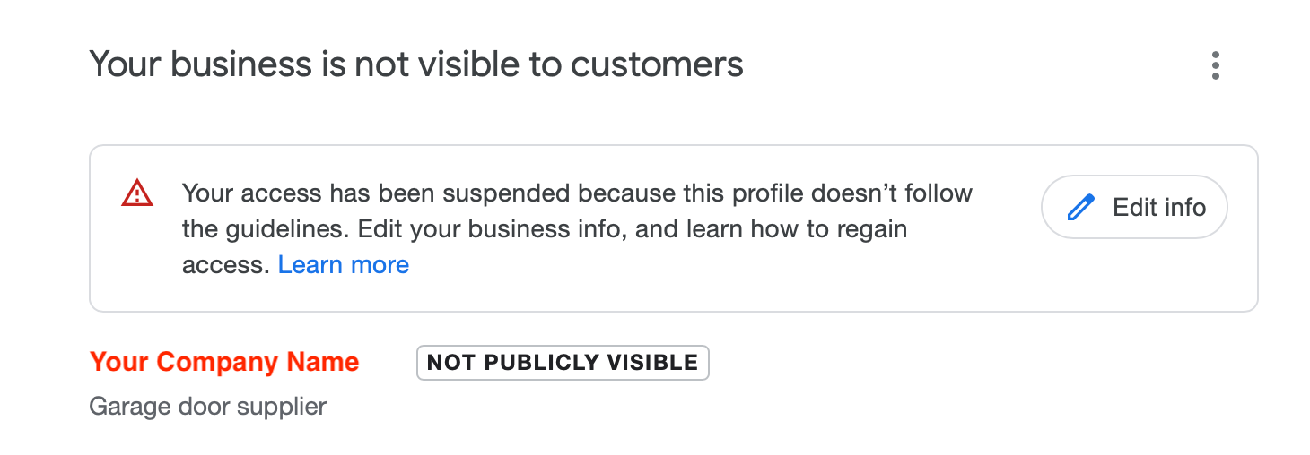 This is what you will see on Google search results if your business has been suspended on Google.