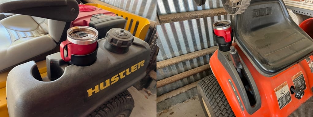 WeatherTech CupCoffee installed in Hustler and Kubota lawnmower cup holders.