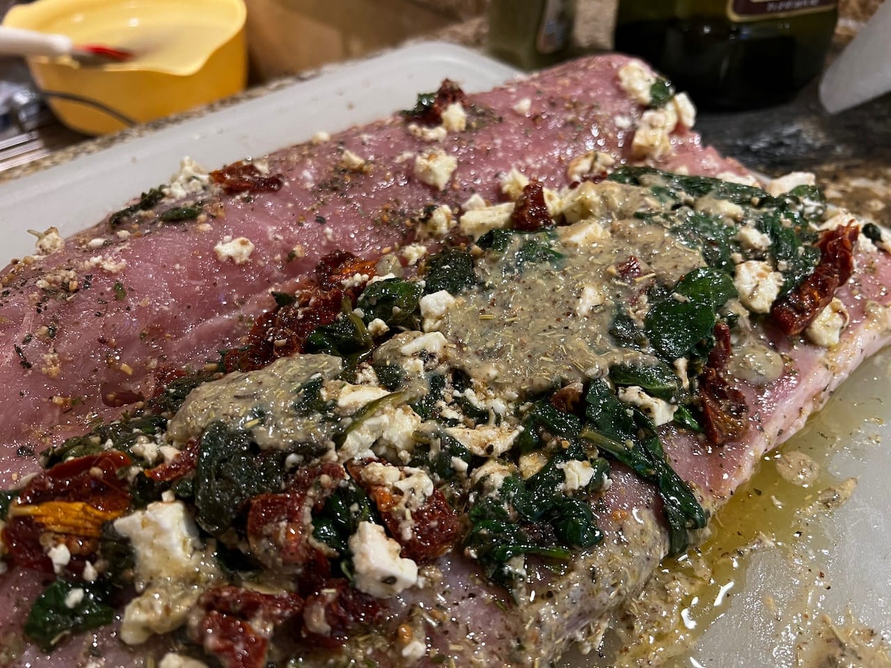 Ingredients inside the Mediterranean stuffed pork loin.