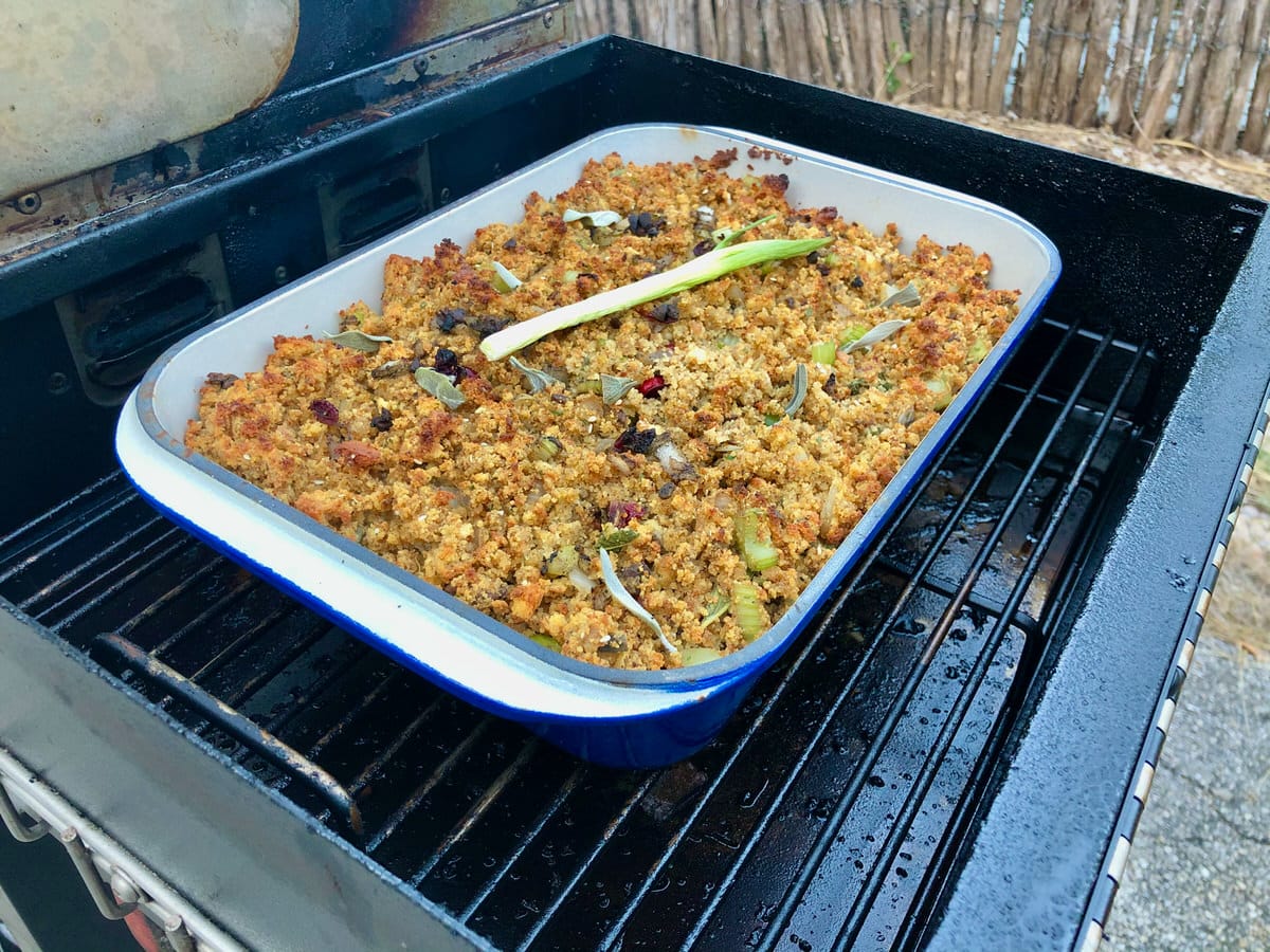 Thanksgiving Stuffing in MAK 2 Star Pellet Grill Side Smoker